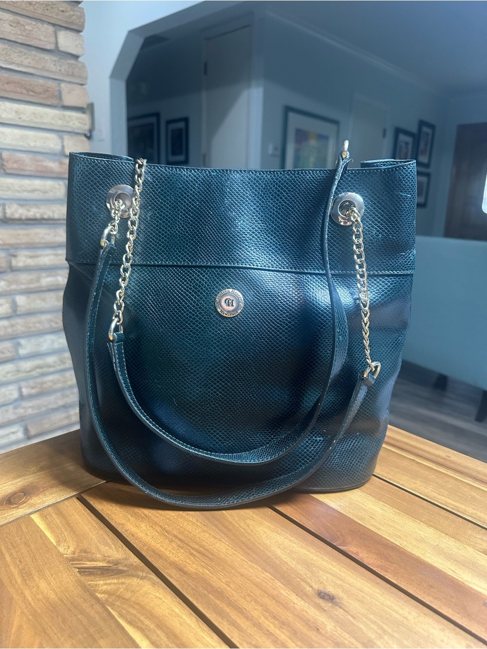 Carolina Herrera Deep Teal Green Leather Chain-Handle Tote